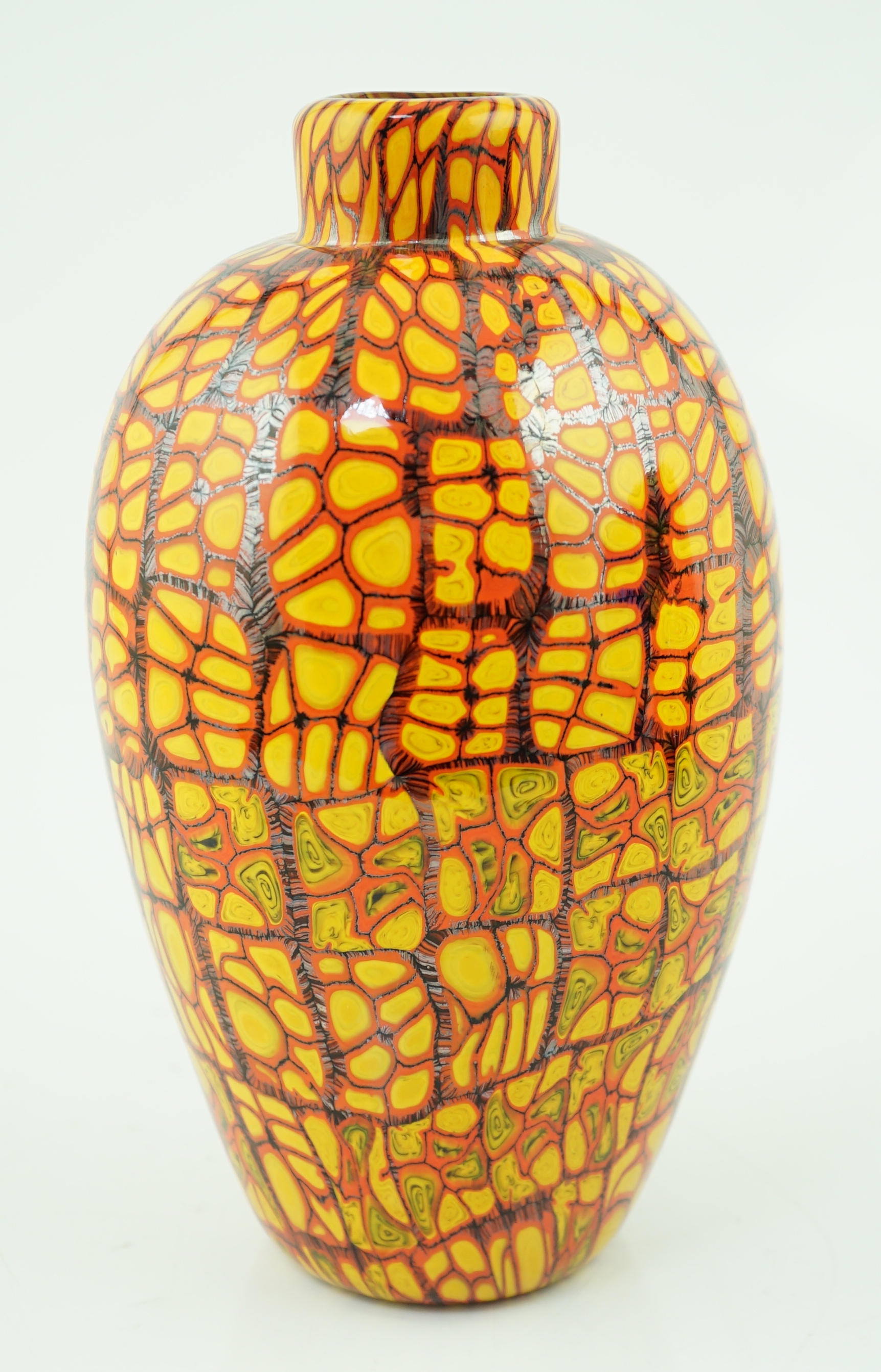 Vittorio Ferro (1932-2012) A Murano glass Murrine vase, in orange, red and black, signed, 26cm, Please note this lot attracts an additional import tax of 20% on the hammer price
